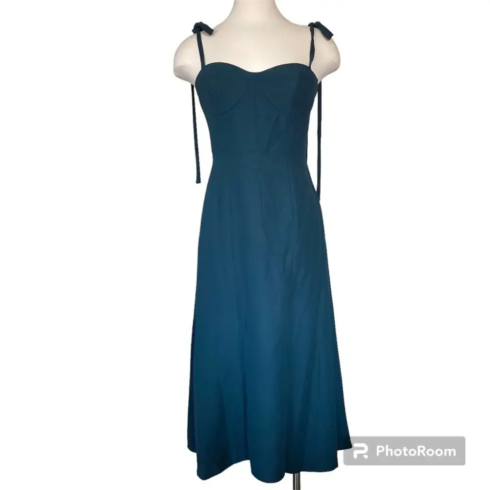 Dessy Collection NWOT Bustier Crepe Midi Bow Straps Evergreen Dress Size 2 - Picture 3 of 7